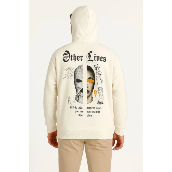 Erkek Kapüşonlu Kanguru Cepli Sweatshirt 3 İplik Pamuklu Baskılı Hoodie - Beyaz