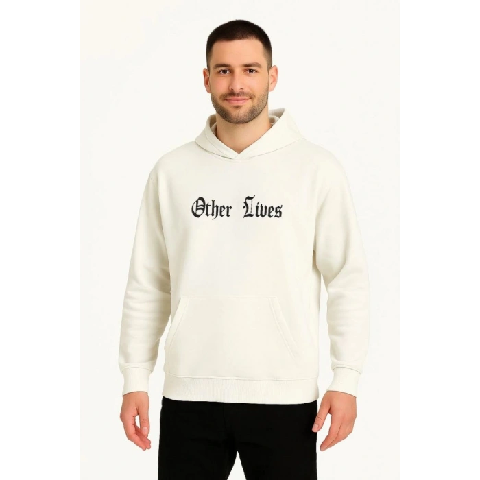 Erkek Kapüşonlu Kanguru Cepli Sweatshirt 3 İplik Pamuklu Baskılı Hoodie - Beyaz