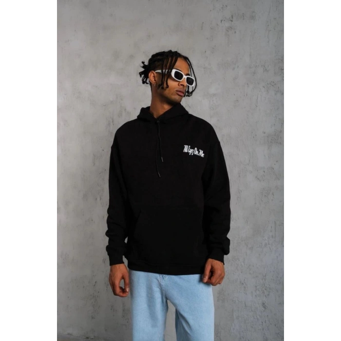Erkek Kapüşonlu Kanguru Cepli Sweatshirt 3 İplik Pamuklu Baskılı Hoodie - Siyah