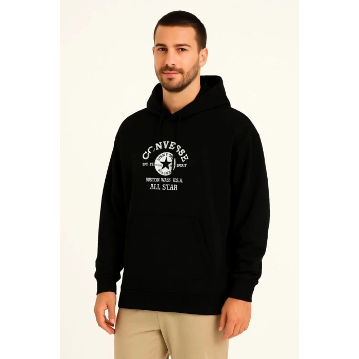 Erkek Kapüşonlu Kanguru Cepli Sweatshirt 3 İplik Pamuklu Baskılı Hoodie - Siyah