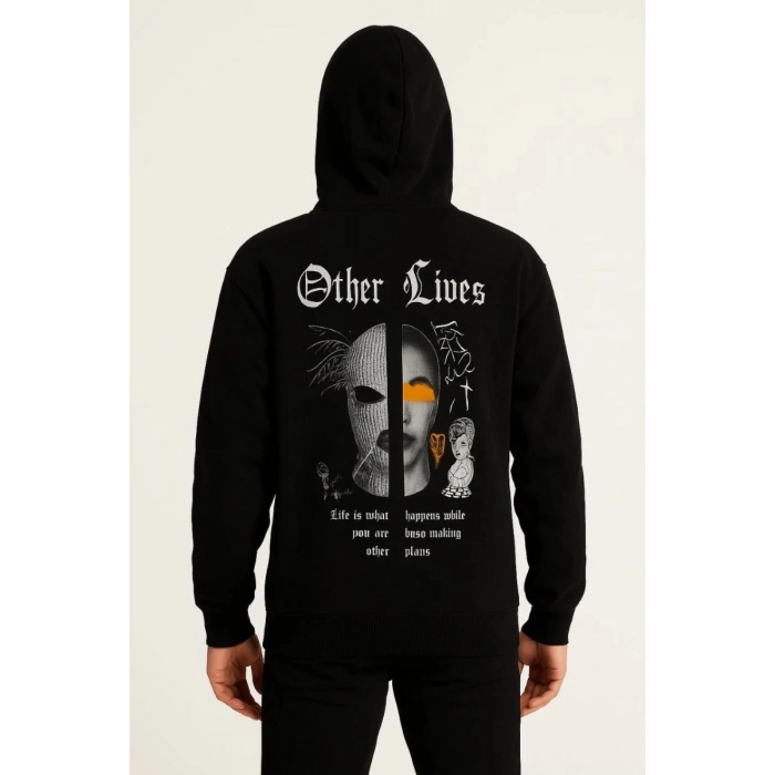 Erkek Kapüşonlu Kanguru Cepli Sweatshirt 3 İplik Pamuklu Baskılı Hoodie - Siyah