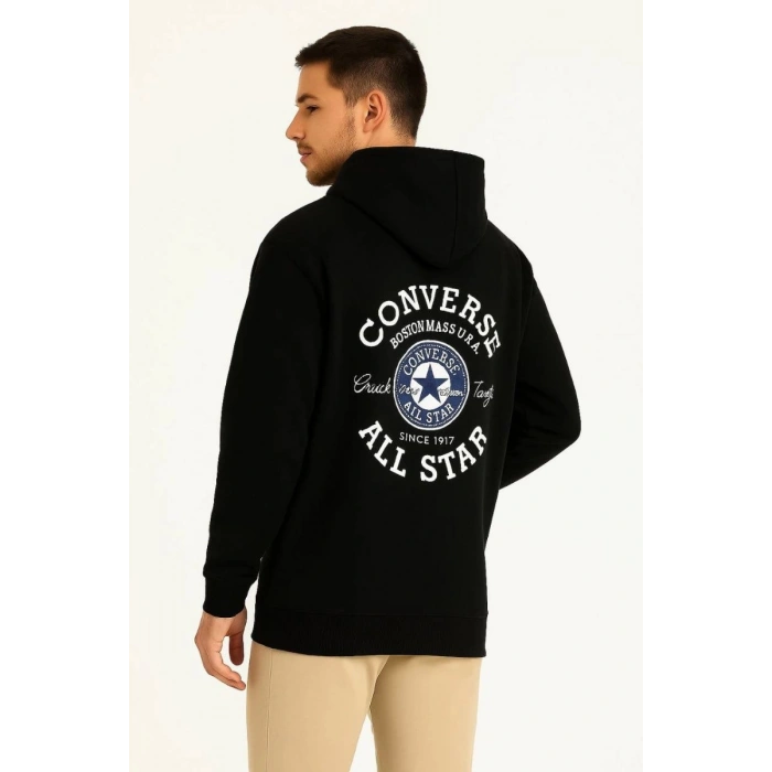 Erkek Kapüşonlu Kanguru Cepli Sweatshirt 3 İplik Pamuklu Baskılı Hoodie - Siyah