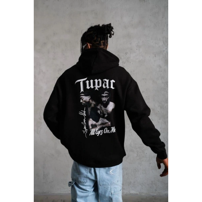 Erkek Kapüşonlu Kanguru Cepli Sweatshirt 3 İplik Pamuklu Baskılı Hoodie - Siyah