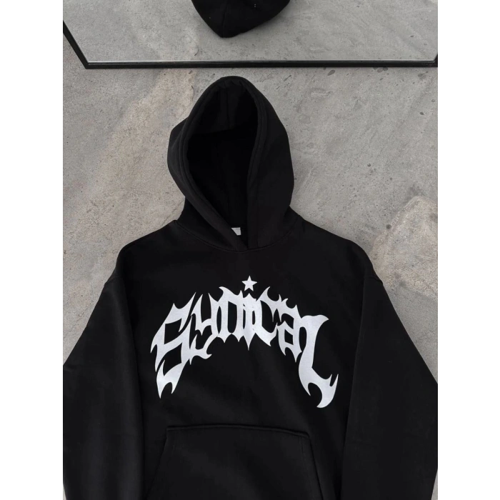 Erkek Kapüşonlu Kanguru Cepli Sweatshirt 3 İplik Pamuklu Baskılı Hoodie - Siyah