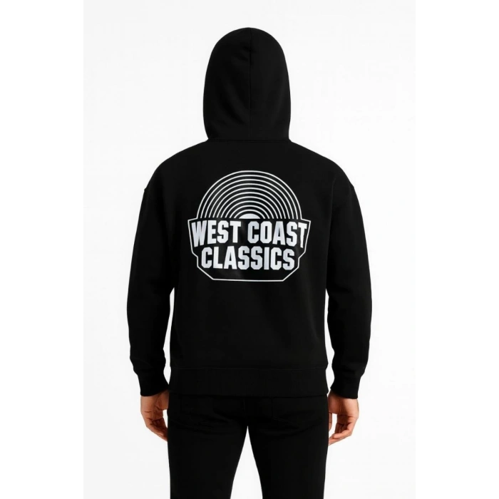 Erkek Kapüşonlu Kanguru Cepli Sweatshirt 3 İplik Pamuklu Baskılı Hoodie -  Siyah