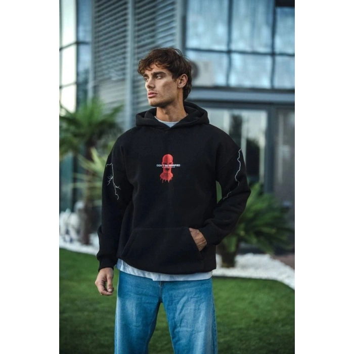 Erkek Kapüşonlu Kanguru Cepli Sweatshirt 3 İplik Pamuklu Baskılı Hoodie -  Siyah