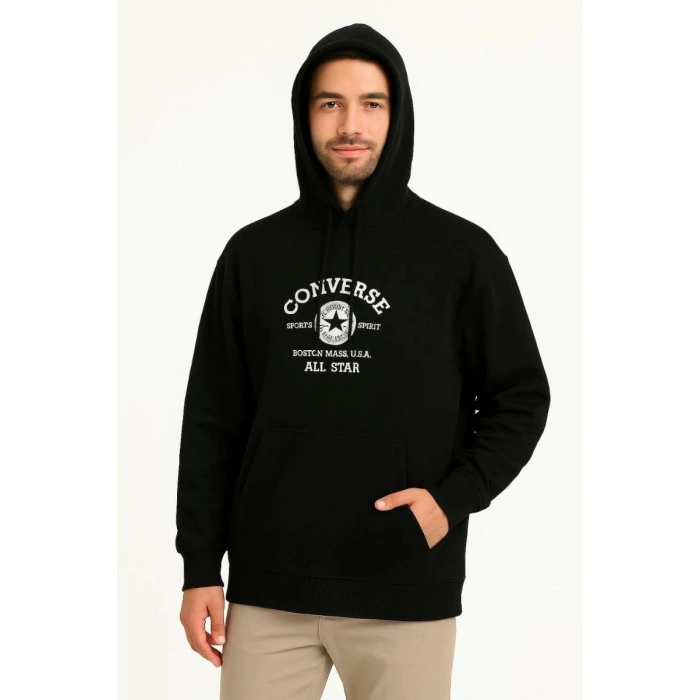 Erkek Kapüşonlu Kanguru Cepli Sweatshirt 3 İplik Pamuklu Baskılı Hoodie - Siyah