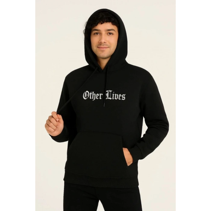Erkek Kapüşonlu Kanguru Cepli Sweatshirt 3 İplik Pamuklu Baskılı Hoodie - Siyah