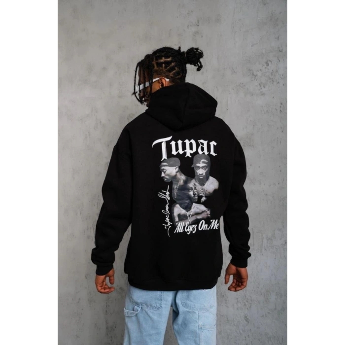 Erkek Kapüşonlu Kanguru Cepli Sweatshirt 3 İplik Pamuklu Baskılı Hoodie - Siyah