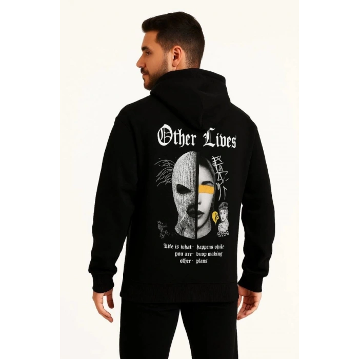 Erkek Kapüşonlu Kanguru Cepli Sweatshirt 3 İplik Pamuklu Baskılı Hoodie - Siyah