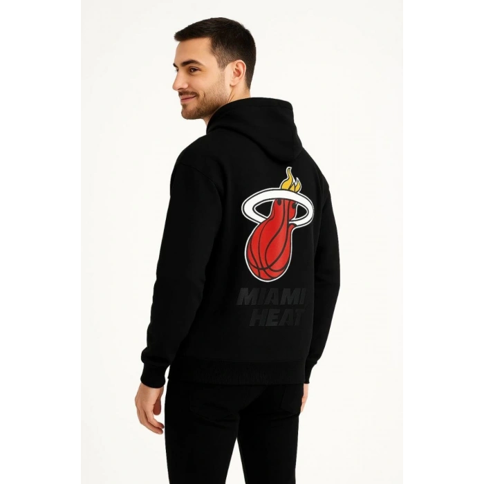Erkek Kapüşonlu Kanguru Cepli Sweatshirt 3 İplik Pamuklu Baskılı Hoodie - Siyah