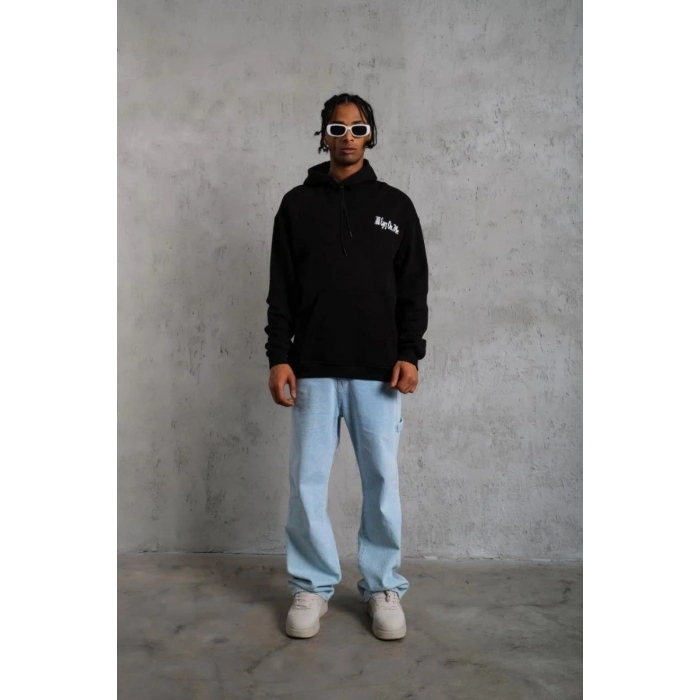 Erkek Kapüşonlu Kanguru Cepli Sweatshirt 3 İplik Pamuklu Baskılı Hoodie - Siyah