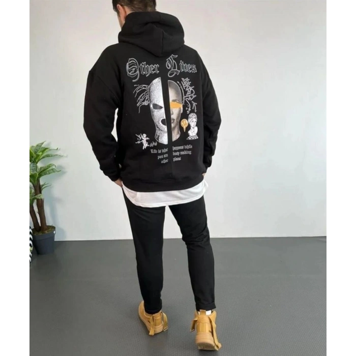 Erkek Kapüşonlu Kanguru Cepli Sweatshirt 3 İplik Pamuklu Baskılı Hoodie - Siyah