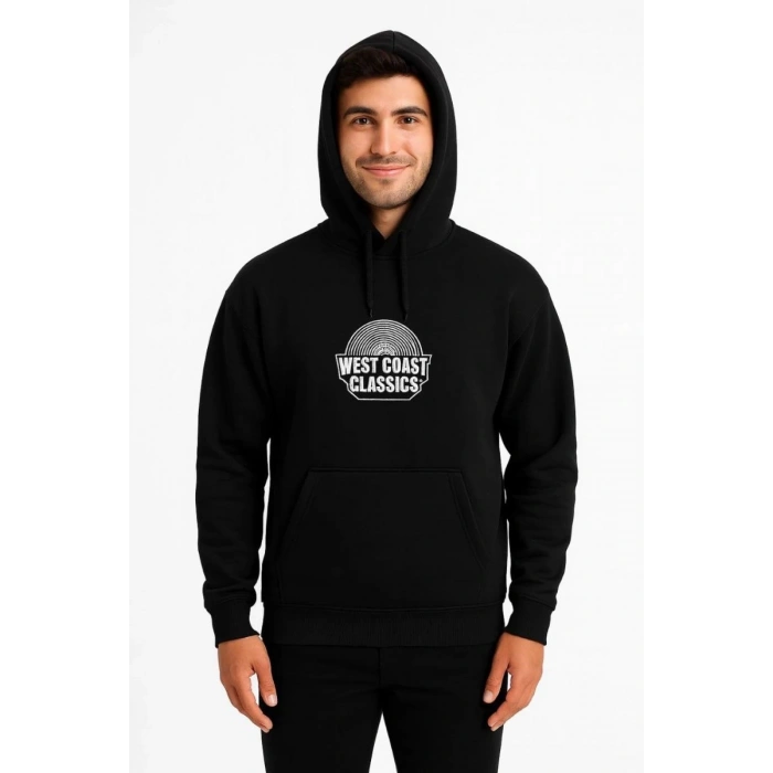 Erkek Kapüşonlu Kanguru Cepli Sweatshirt 3 İplik Pamuklu Baskılı Hoodie -  Siyah