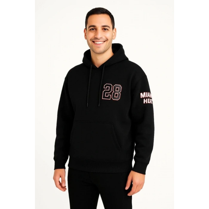 Erkek Kapüşonlu Kanguru Cepli Sweatshirt 3 İplik Pamuklu Baskılı Hoodie - Siyah