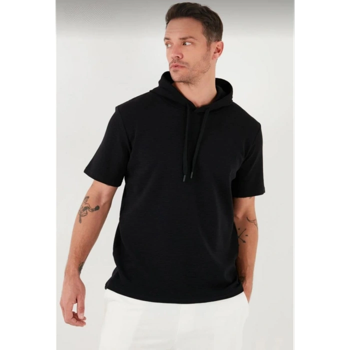Erkek Kapüşonlu Tişört Kısa Kol Düz Oversize T-shirt - Siyah