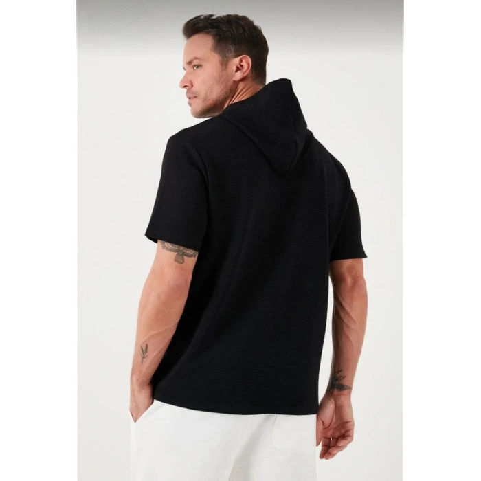 Erkek Kapüşonlu Tişört Kısa Kol Düz Oversize T-shirt - Siyah