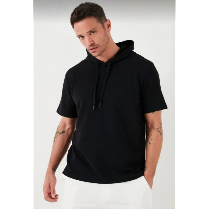 Erkek Kapüşonlu Tişört Kısa Kol Düz Oversize T-shirt - Siyah