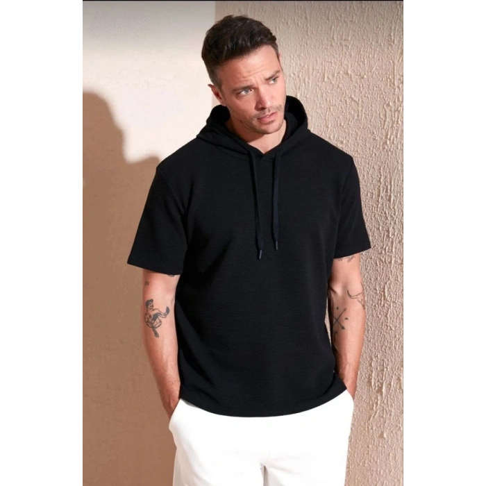 Erkek Kapüşonlu Tişört Kısa Kol Düz Oversize T-shirt - Siyah