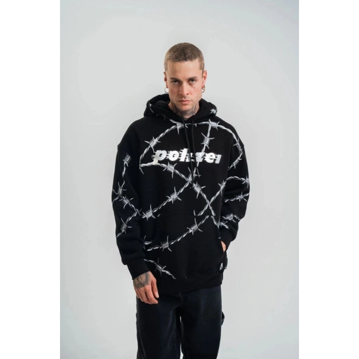 ERKEK Kapüşonlu Varak ve Pano Baskılı Hoodie  SweatShirt- Siyah