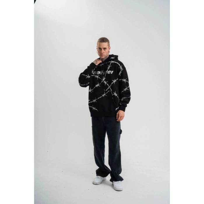 ERKEK Kapüşonlu Varak ve Pano Baskılı Hoodie  SweatShirt- Siyah