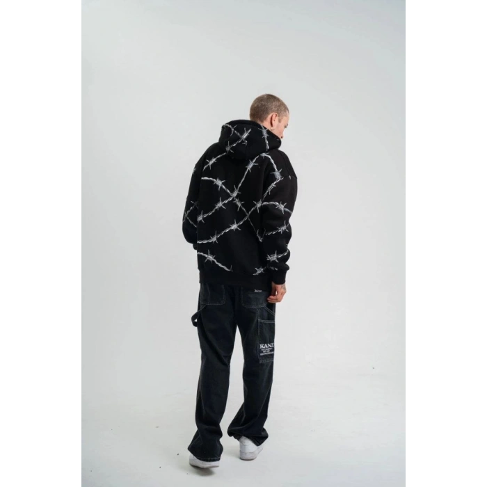 ERKEK Kapüşonlu Varak ve Pano Baskılı Hoodie  SweatShirt- Siyah