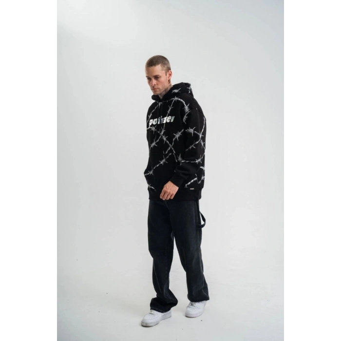 ERKEK Kapüşonlu Varak ve Pano Baskılı Hoodie  SweatShirt- Siyah