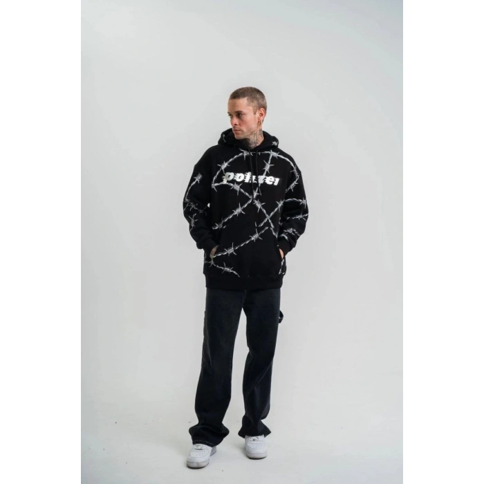 ERKEK Kapüşonlu Varak ve Pano Baskılı Hoodie  SweatShirt- Siyah