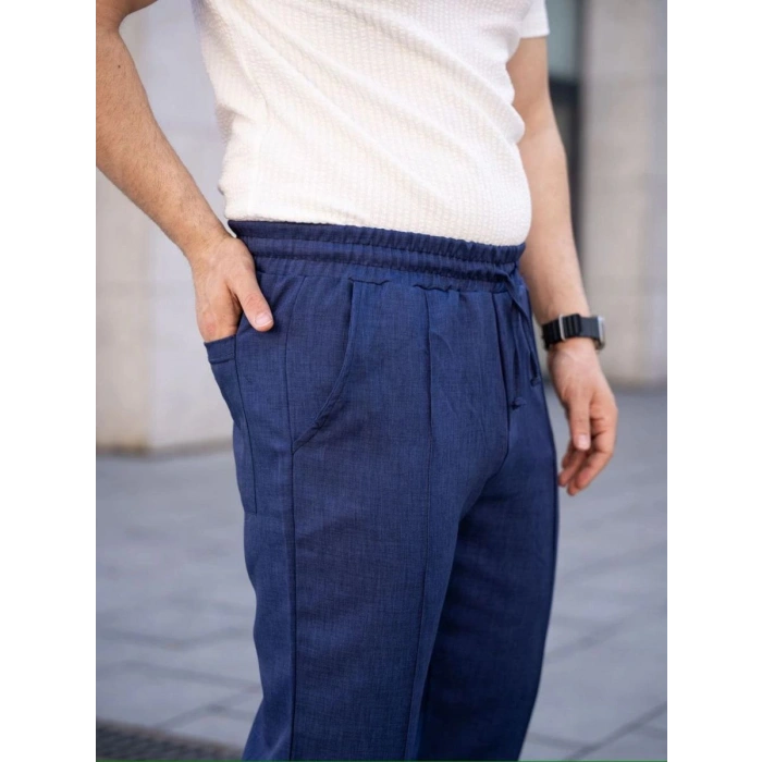 Erkek Keten Cepli Çıma Dikişli jogger Buggy Pantalon Rahat kalıp - Lacivert