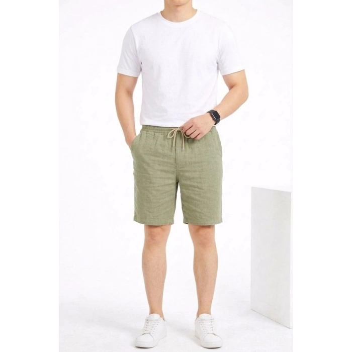 Erkek Keten Kumaş Cepli Rahat Kesim Bel Lastikli Şort - Mint Yeşili
