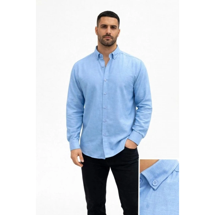 Erkek KETEN Kumaş Oversize Uzun Kollu Rahat Kalıp Gömlek - Açık Mavi