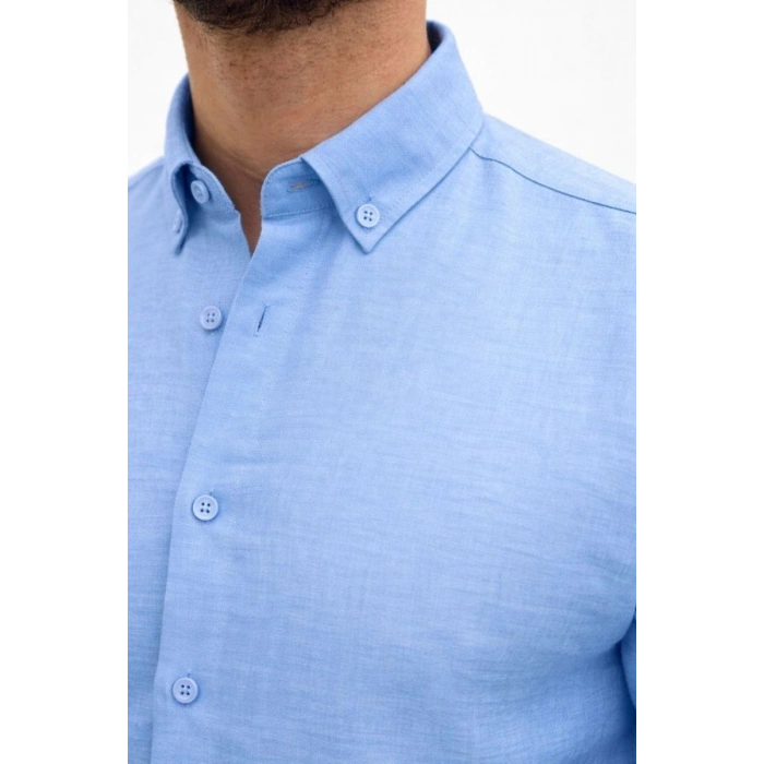 Erkek KETEN Kumaş Oversize Uzun Kollu Rahat Kalıp Gömlek - Açık Mavi
