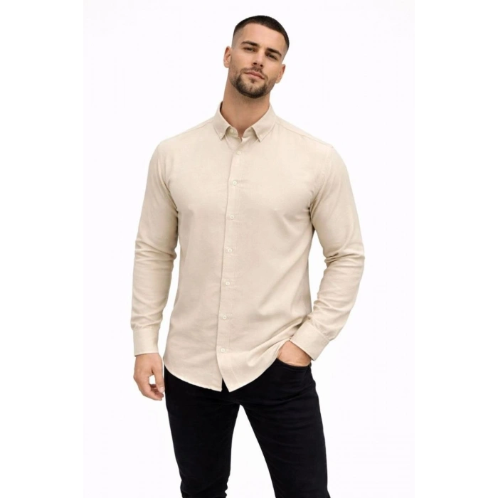Erkek KETEN Kumaş Oversize Uzun Kollu Rahat Kalıp Gömlek - Bej