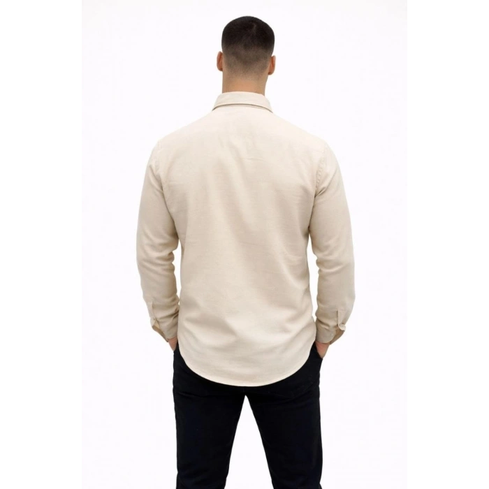 Erkek KETEN Kumaş Oversize Uzun Kollu Rahat Kalıp Gömlek - Bej