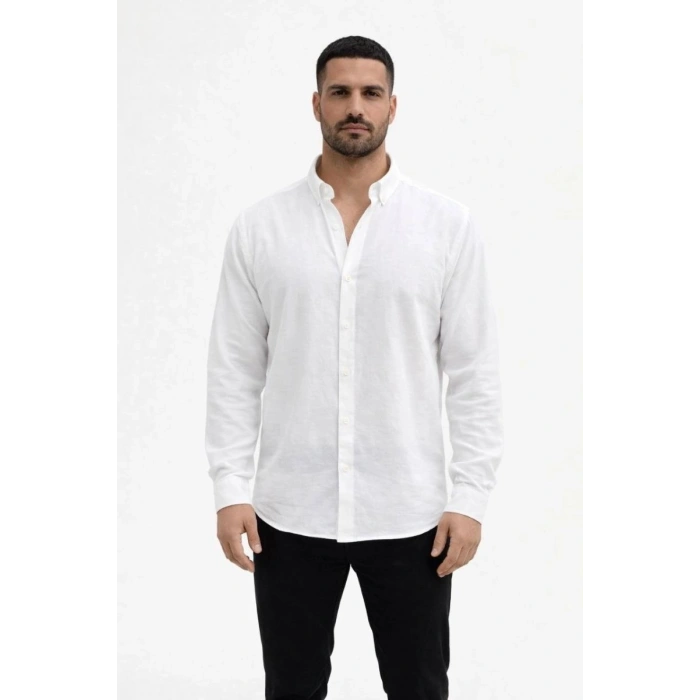 Erkek KETEN Kumaş Oversize Uzun Kollu Rahat Kalıp Gömlek - Beyaz