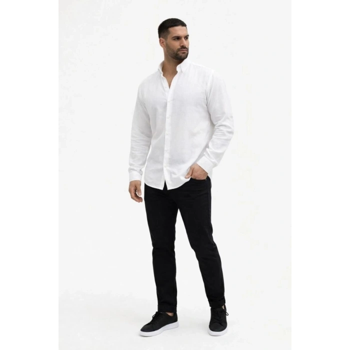 Erkek KETEN Kumaş Oversize Uzun Kollu Rahat Kalıp Gömlek - Beyaz