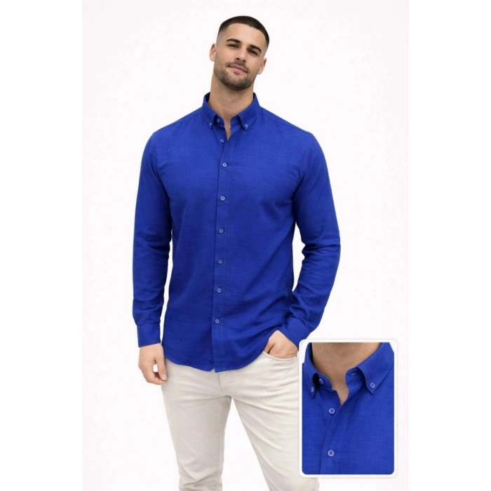 Erkek KETEN Kumaş Oversize Uzun Kollu Rahat Kalıp Gömlek - Saks Mavisi