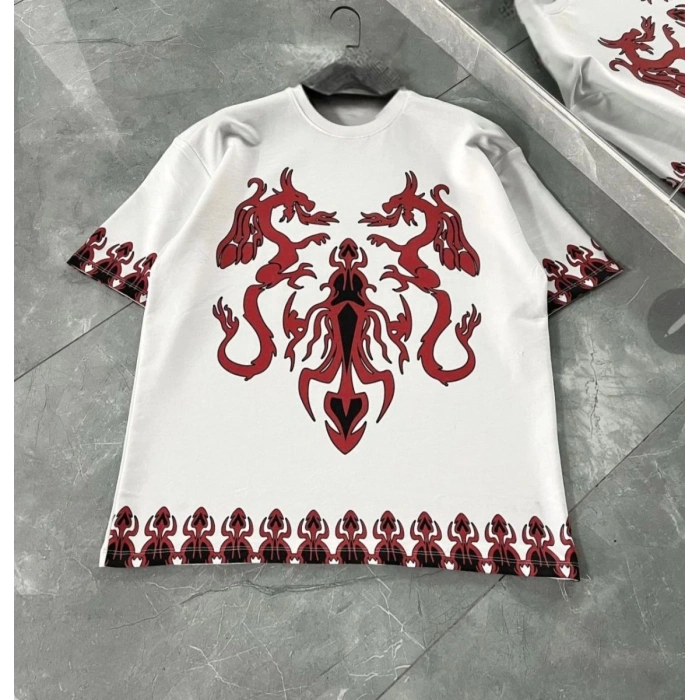 Erkek  Kısa kol Bisiklet Yaka Baskılı Oversize T-Shirt - Beyaz