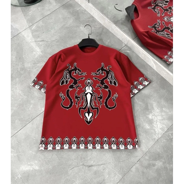 Erkek  Kısa kol Bisiklet Yaka Baskılı Oversize T-Shirt - Kırmızı