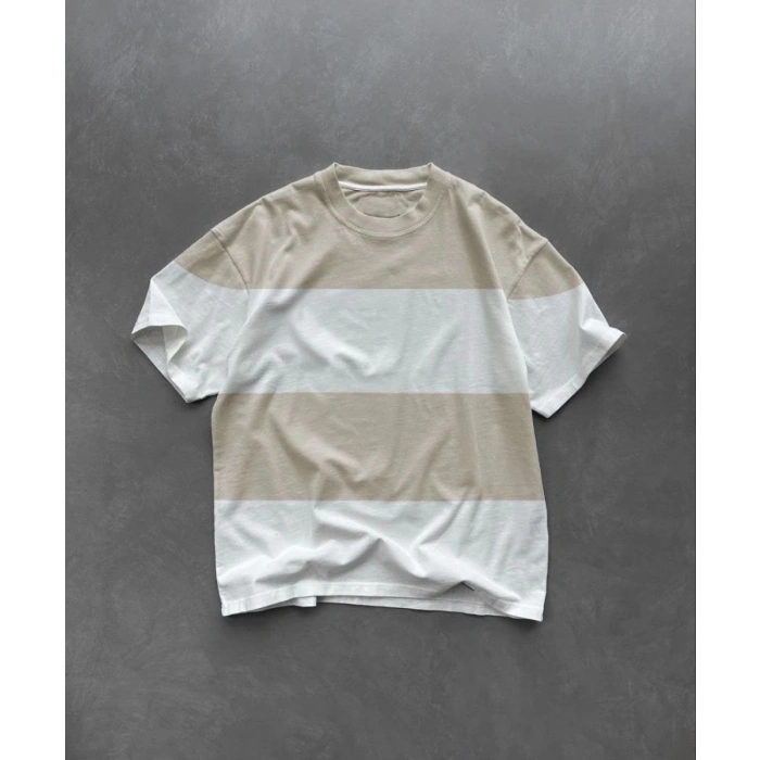Erkek  Kısa kol  Bisiklet Yaka Parçalı T-Shirt - Bej