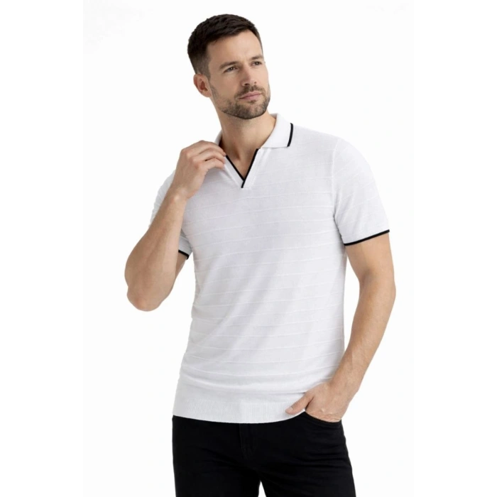 Erkek Kısa kol Fitilli Triko Polo Yaka Düğmesiz T-shirt 2li Set Beyaz-Siyah