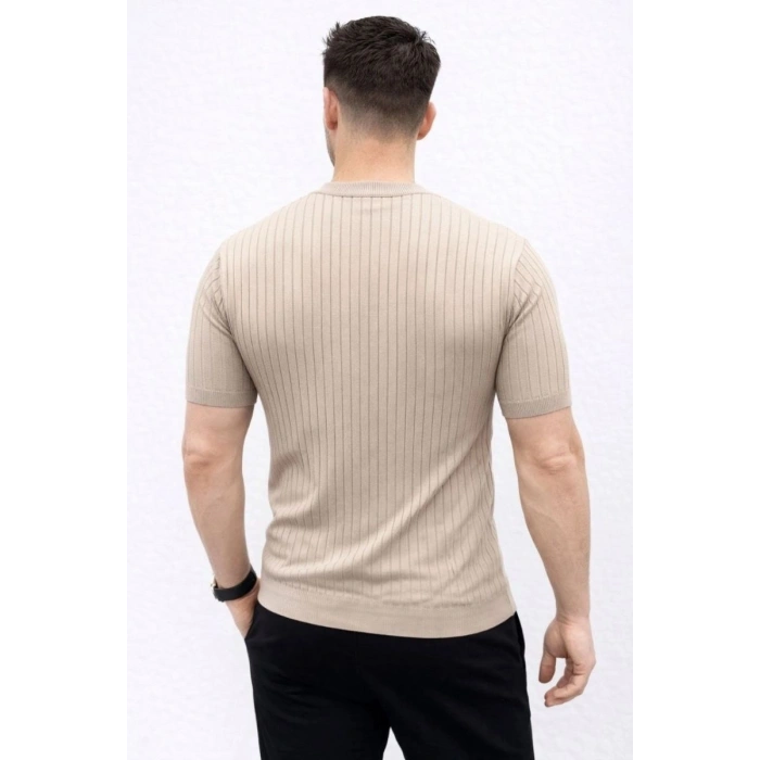 Erkek Kısa Kol Fitilli Triko T-Shirt Yazlık Hakim Yaka Tişört - Bej