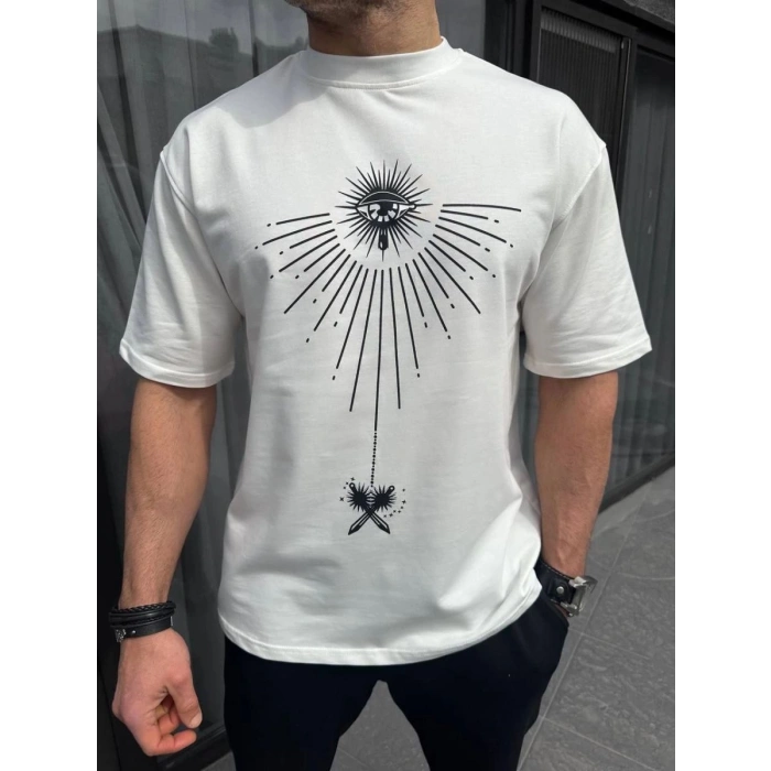 Erkek Kısa Kol Tişört Bisiklet Yaka GÜL Baskılı Oversize T-Shirt - Beyaz
