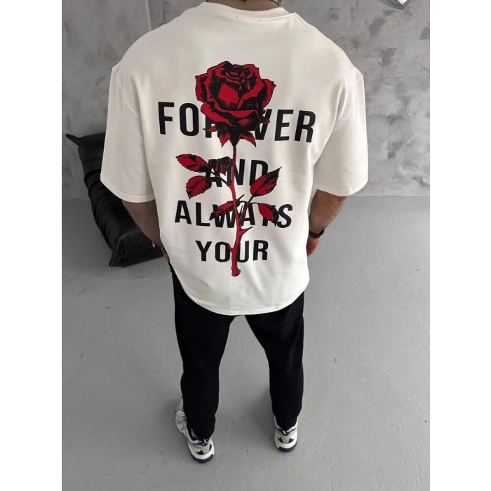 Erkek Kısa Kol Tişört Bisiklet Yaka GÜL Baskılı Oversize T-Shirt - Beyaz