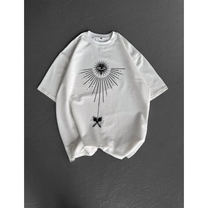 Erkek Kısa Kol Tişört Bisiklet Yaka GÜL Baskılı Oversize T-Shirt - Beyaz