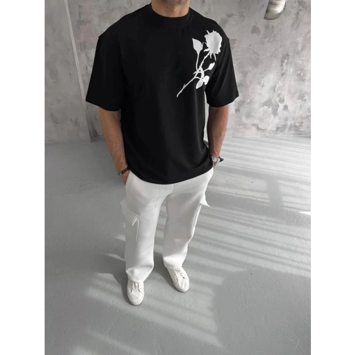 Erkek Kısa Kol Tişört Bisiklet Yaka GÜL Baskılı Oversize T-Shirt - Siyah
