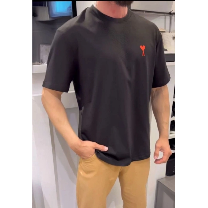 Erkek Kısa Kol Tişört Bisiklet Yaka KALP Baskılı Oversize T-Shirt - Siyah