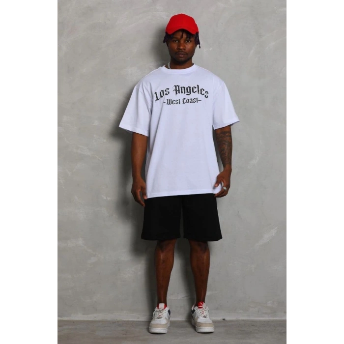 Erkek Kısa Kol Tişört Bisiklet Yaka KANAT Baskılı Oversize T-Shirt - Beyaz