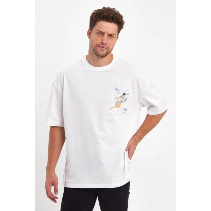 Erkek Kısa Kol Tişört Bisiklet Yaka MELEK Baskılı Oversize T-Shirt - Beyaz