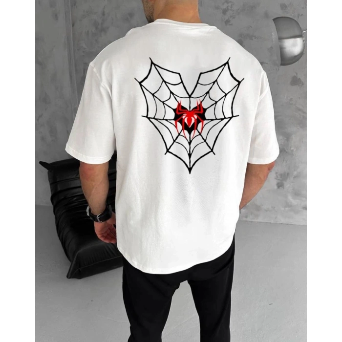 Erkek Kısa Kol Tişört Bisiklet Yaka ÖRÜMCEK Baskılı Oversize T-Shirt - Beyaz